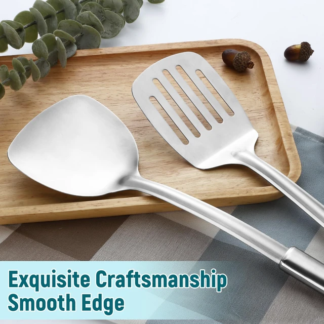 Alt view image 3 of 7 - Pleafind 2-Pcs Solid & Slotted Spatula Set, 304 Stainless Steel Spatula, Metal Spatulas, Wok Utensils, Cooking Utensils, Wok Spatulas for Home, Kitchen and Restaurant, Dishwasher Safe