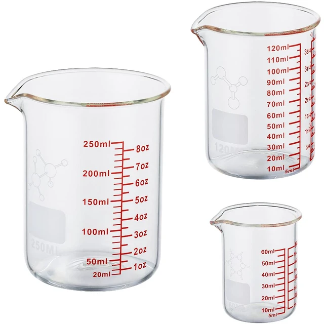 Main image of Ackers Mini Glass Measuring Beaker Set, Borosilicate, 2oz 4oz 8oz Measuring Cups