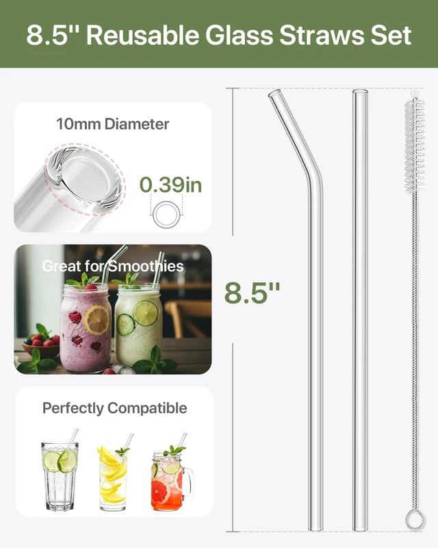 Alt view image 3 of 7 - Glass Straws, 18-Pack Reusable Clear Glass Drinking Straws Set