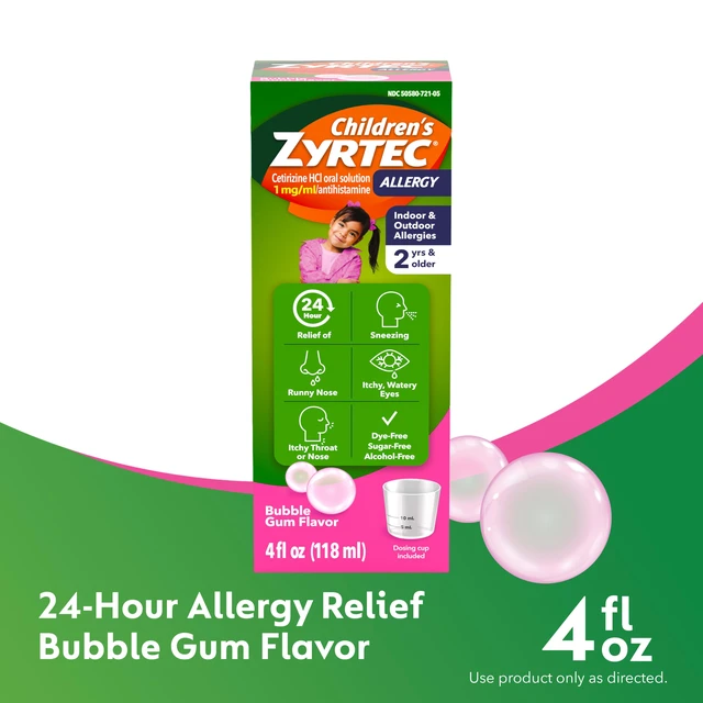 Alt view image 2 of 7 - Children's Zyrtec Allergy Relief Syrup Cetirizine HCl, Bubble Gum, 4 fl. oz