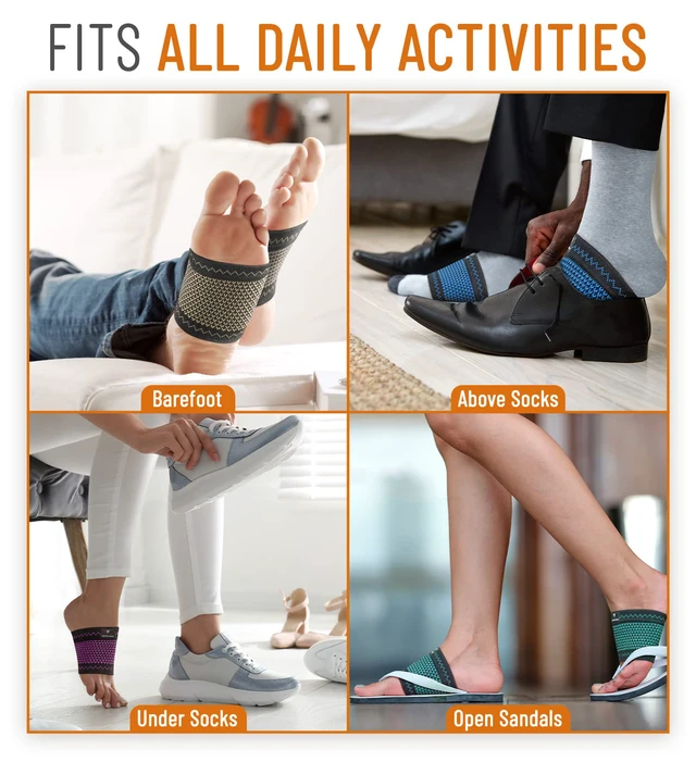 Alt view image 5 of 7 - Copper Arch Support for Plantar Fasciitis. 2 Half Socks/Sleeve Compression Brace for Women and Men. Orthotics Feet Pain Aid Fit for Flat/High/Fallen Arches, Foot Care (Copper)