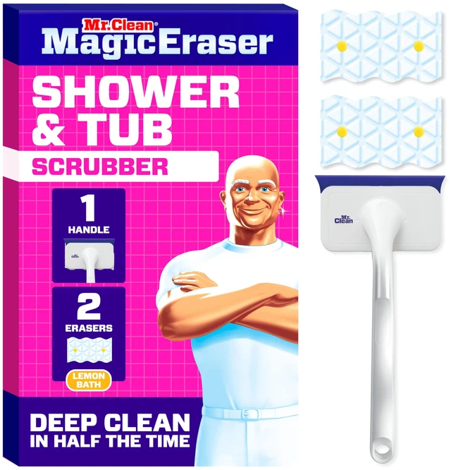 Main image of Mr. Clean Magic Eraser Shower & Tub Scrubber, Bathroom Cleaner, All in One Bathroom Cleaner, Lemon Starter Kit, 1 Scrubber & 2 Foaming Magic Erasers