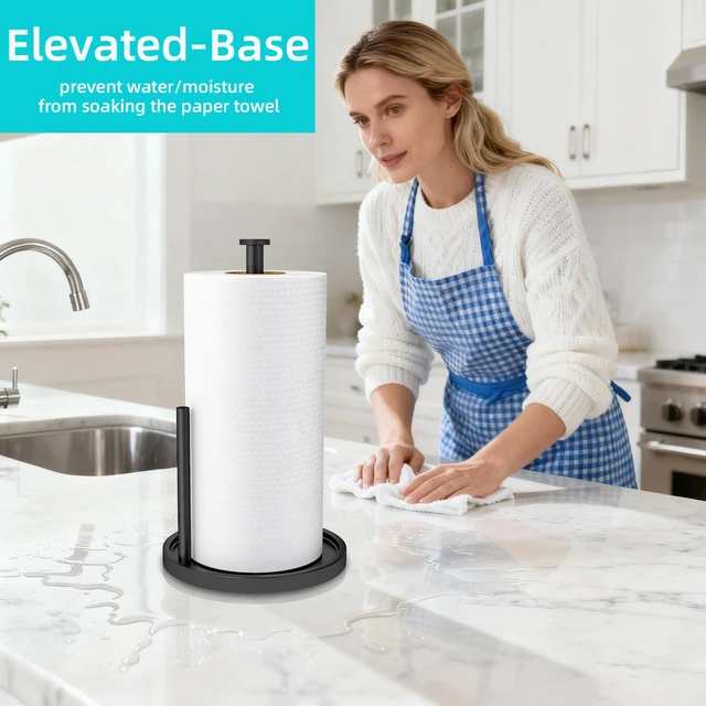 Alt view image 3 of 7 - Paper Towel Holder Countertop, Standing Paper Roll Holder with Anti Slip Weighted Base, Stainless Steel Freestanding Paper Towel Holder for Kitchen, Black