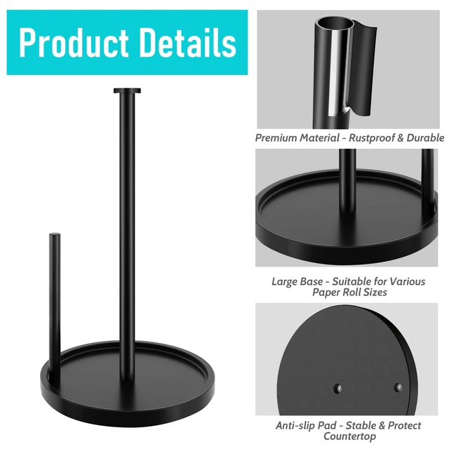 Alt view image 6 of 7 - Paper Towel Holder Countertop, Standing Paper Roll Holder with Anti Slip Weighted Base, Stainless Steel Freestanding Paper Towel Holder for Kitchen, Black