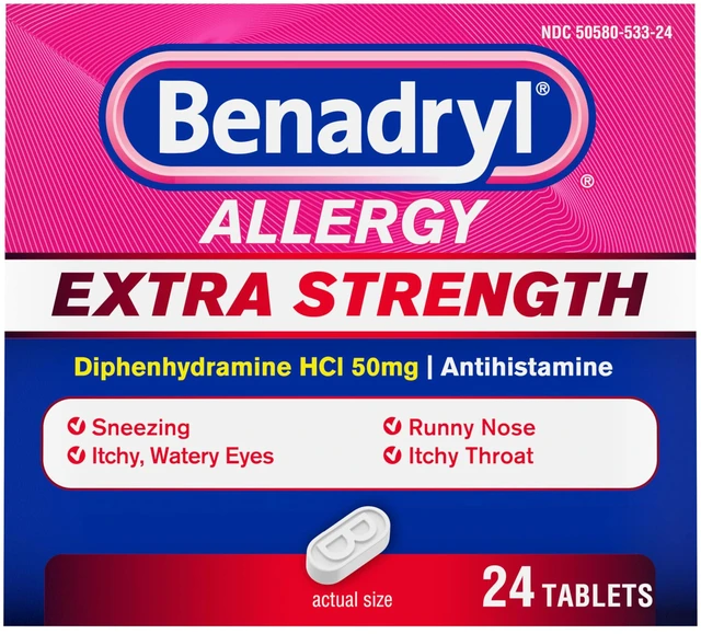 Main image of Benadryl Extra Strength Allergy Tablets, 50 mg Diphenhydramine HCl, 24 Ct