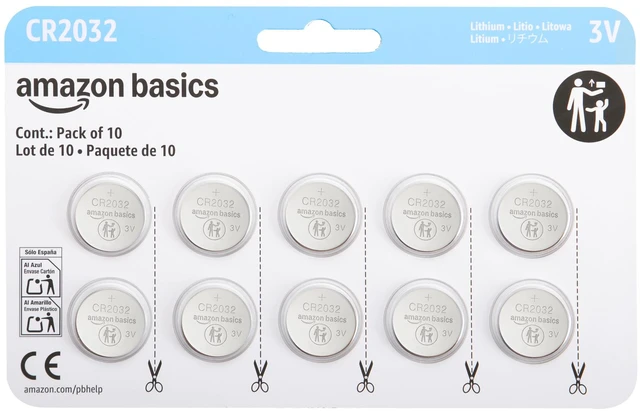 Main image of Amazon Basics CR2032 3V Lithium Coin Cell Batteries for Key Fob, Watch, Remote, Child-Proof Package, Non-Coated, AirTag Compatible, 10-Pack