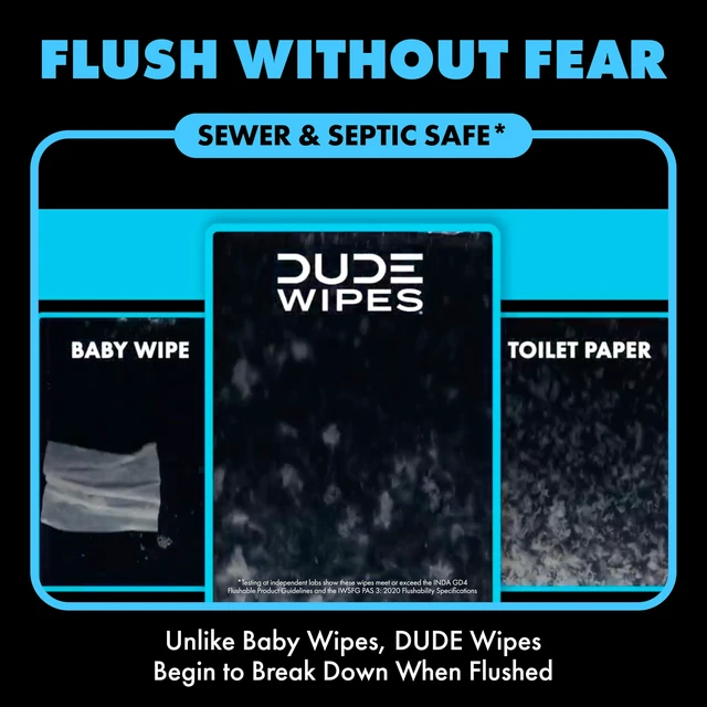 Alt view image 4 of 7 - DUDE Wipes Unscented Adult Flushable Wet Wipes, Sensitive Skin, 144 Count