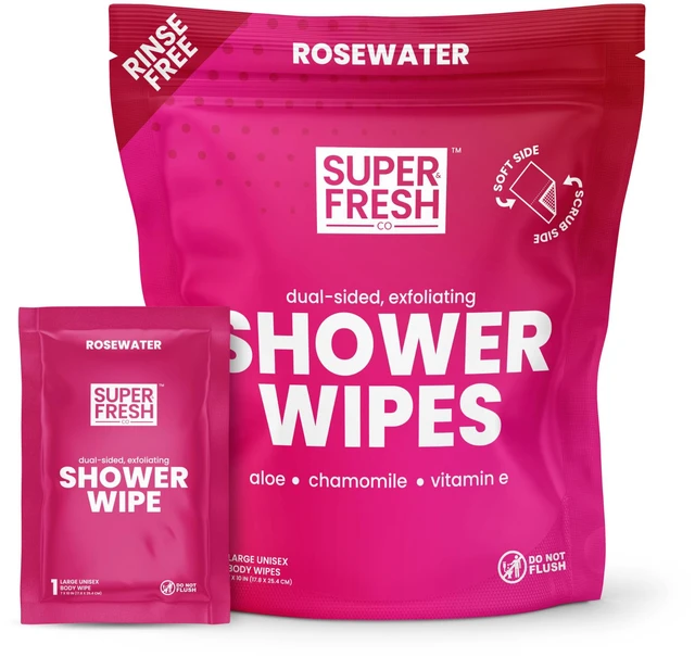 Main image of Super Fresh Shower Body Wipes, Rosewater, No Rinse, Travel and Gym, 10 Pack
