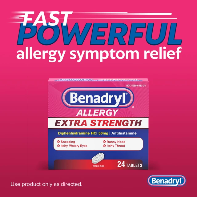 Alt view image 5 of 7 - Benadryl Extra Strength Allergy Tablets, 50 mg Diphenhydramine HCl, 24 Ct