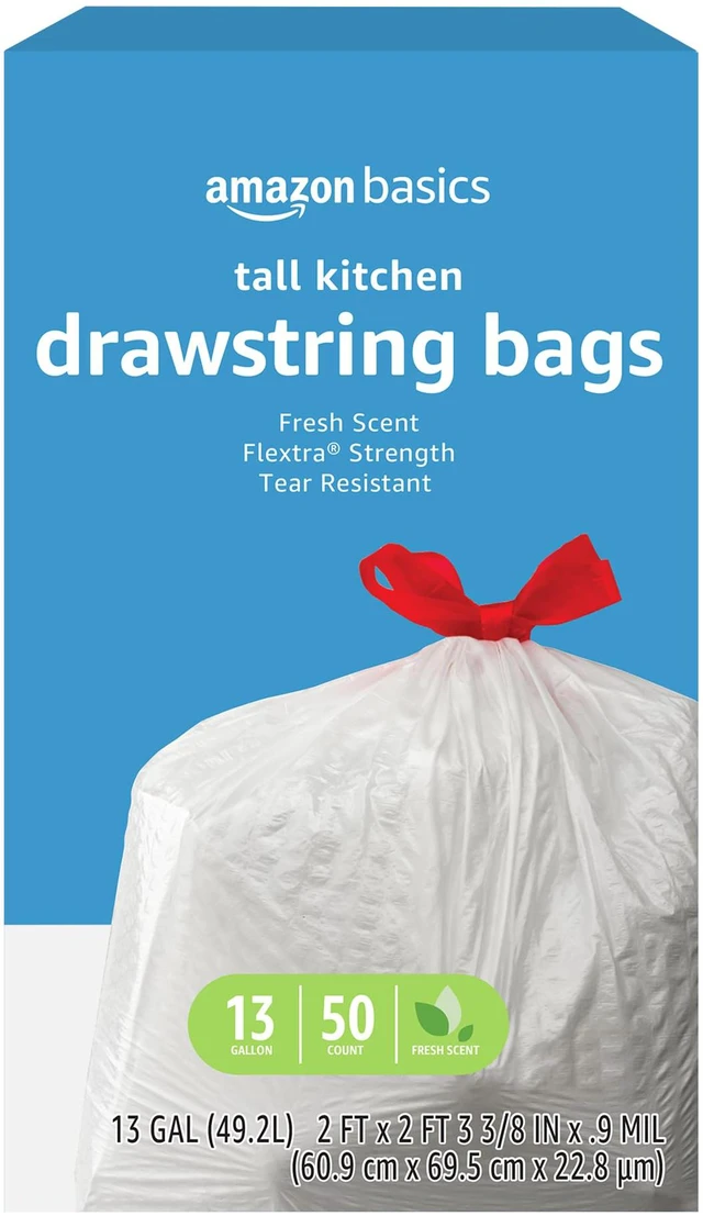 Main image of Amazon Basics Flextra Strength Tall Kitchen Drawstring Trash Bags, Fresh Scent, Tear Resistant, 13 Gallon, 50 Count