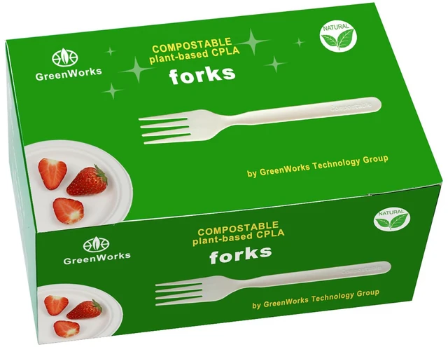 Main image of GreenWorks Heavy-duty Compostable Forks, BPI Certified 100 Count Large Disposable Cutlery Utensils Silverware Flatware Fork