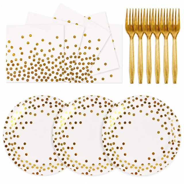 Main image of 75PCS Paper Plates and Napkins Set, White and Gold Dot