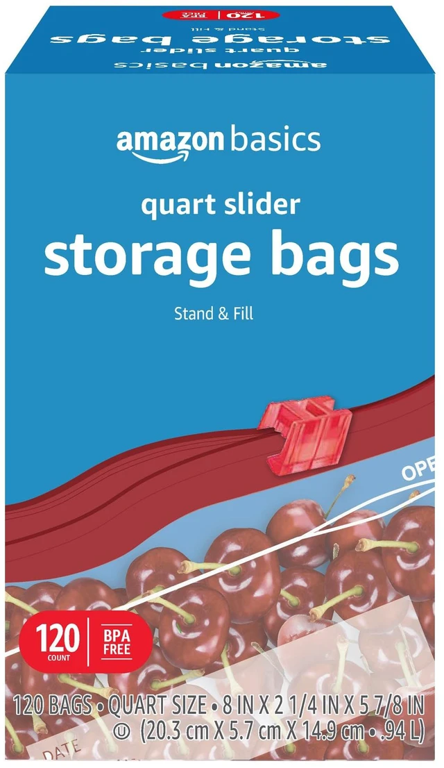 Main image of Amazon Basics Slider Quart Food Storage Bags with Stand-Up Bottom, Easy to Fill, BPA Free, 120 Count (Previously Solimo)