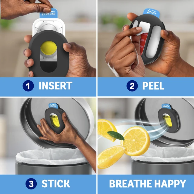 Alt view image 5 of 7 - Febreze Odor Fighter, Can Air Freshener, Stick-On Deodorizer for Garbage Cans, Diaper Pails, Works with Scented Bags, Fresh Lemon and Linen & Sky Scents, 2 Holders + 2 Refills