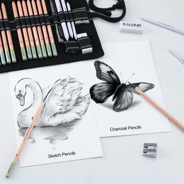 Alt view image 2 of 7 - KALOUR 29 Pro Sketching Drawing Pencils Set with Roll-Up Nylon Case 14 Graphite Pencils (14B5H), Charcoal Pencils, Erasers, Sharpener & Stumps Complete Art Kit for Artists & Beginner