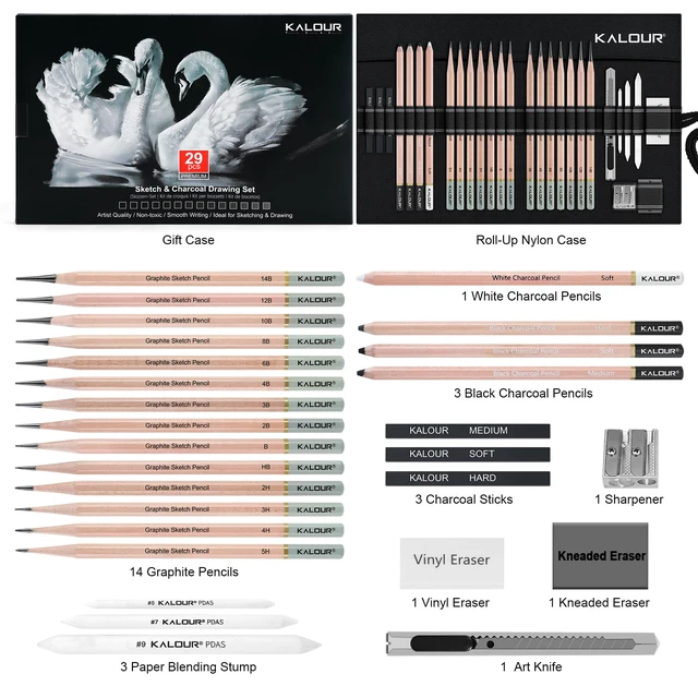 Alt view image 3 of 7 - KALOUR 29 Pro Sketching Drawing Pencils Set with Roll-Up Nylon Case 14 Graphite Pencils (14B5H), Charcoal Pencils, Erasers, Sharpener & Stumps Complete Art Kit for Artists & Beginner