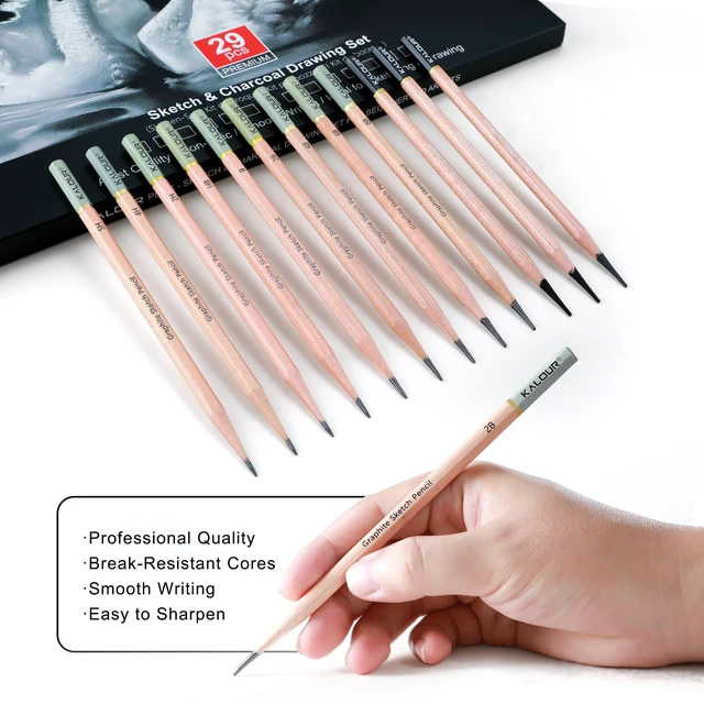 Alt view image 4 of 7 - KALOUR 29 Pro Sketching Drawing Pencils Set with Roll-Up Nylon Case 14 Graphite Pencils (14B5H), Charcoal Pencils, Erasers, Sharpener & Stumps Complete Art Kit for Artists & Beginner