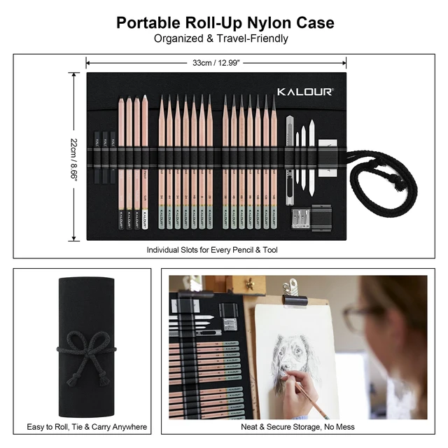 Alt view image 6 of 7 - KALOUR 29 Pro Sketching Drawing Pencils Set with Roll-Up Nylon Case 14 Graphite Pencils (14B5H), Charcoal Pencils, Erasers, Sharpener & Stumps Complete Art Kit for Artists & Beginner