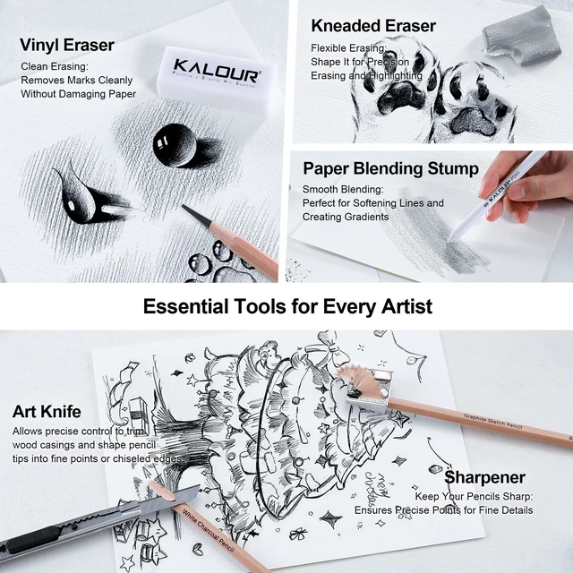 Alt view image 7 of 7 - KALOUR 29 Pro Sketching Drawing Pencils Set with Roll-Up Nylon Case 14 Graphite Pencils (14B5H), Charcoal Pencils, Erasers, Sharpener & Stumps Complete Art Kit for Artists & Beginner