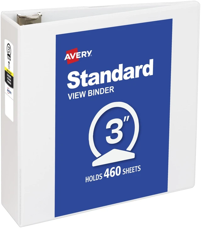 Main image of Avery Standard View 3 Ring Binder, 3" Round Rings, 460-Sheet Capacity, 3.5 Inch Wide Spine, 1 White Binder, Ideal for Lightweight Organization and Occasional Referencing (05741)