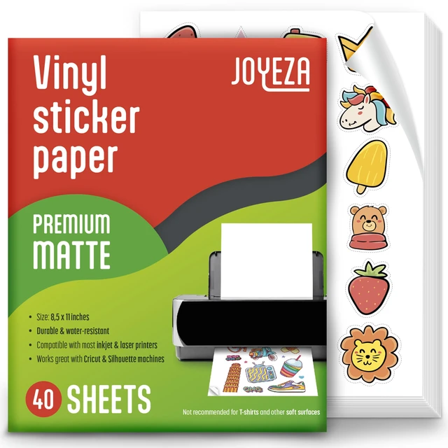 Main image of JOYEZA Premium Printable Vinyl Sticker Paper for Inkjet Printer - 40 Sheets Matte White Waterproof, Dries Quickly Vivid Colors, Holds Ink Well- Tear Resistant - Inkjet & Laser Printer