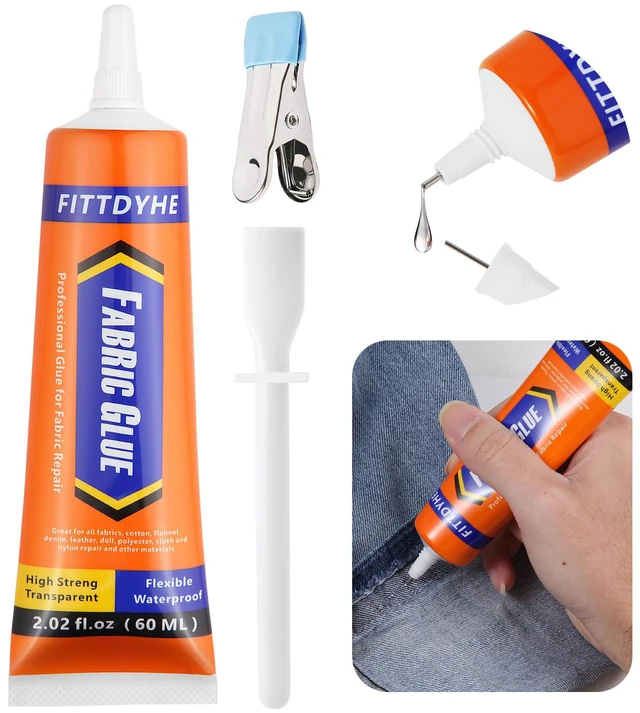 Main image of FITTDYHE Fabric Glue Permanent, 60 ML Washable Clear Clothing Glue, Super Fabric Glue for Rhinestones, Patches, Clothes, Denim, Leather, Polyester, Fabrics, Doll Repair, Flannel, Cotton