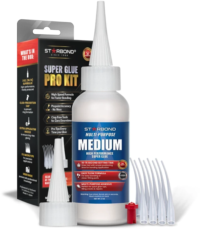 Main image of Starbond Medium Super Glue Pro Kit (2 oz) Strong, Fast, All-Purpose CA Glue (Cyanoacrylate Adhesive) with Anti-Clog Cap, Precision Tips & Extra Nozzles for Woodworking, Quick Fixes & Hobby Models