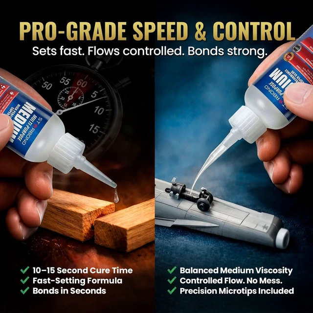 Alt view image 2 of 6 - Starbond Medium Super Glue Pro Kit (2 oz) Strong, Fast, All-Purpose CA Glue (Cyanoacrylate Adhesive) with Anti-Clog Cap, Precision Tips & Extra Nozzles for Woodworking, Quick Fixes & Hobby Models