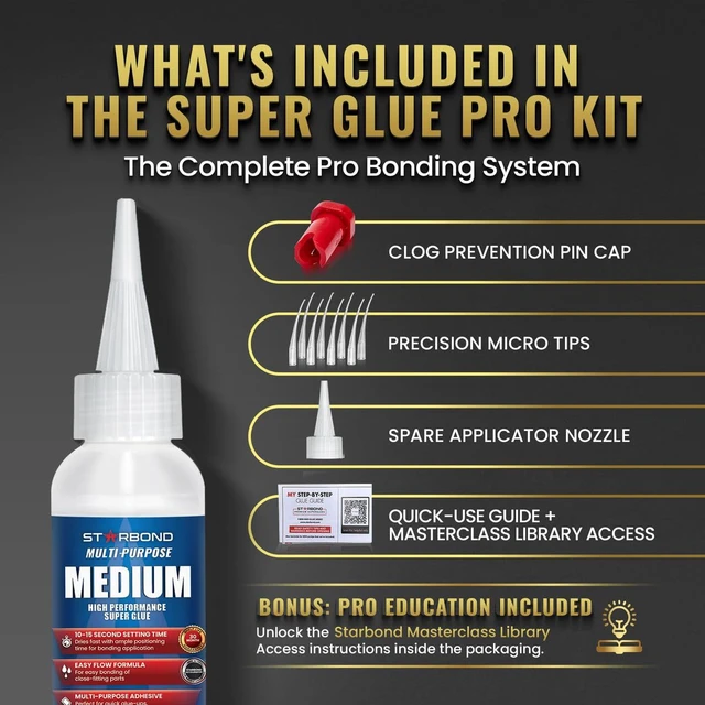 Alt view image 3 of 6 - Starbond Medium Super Glue Pro Kit (2 oz) Strong, Fast, All-Purpose CA Glue (Cyanoacrylate Adhesive) with Anti-Clog Cap, Precision Tips & Extra Nozzles for Woodworking, Quick Fixes & Hobby Models