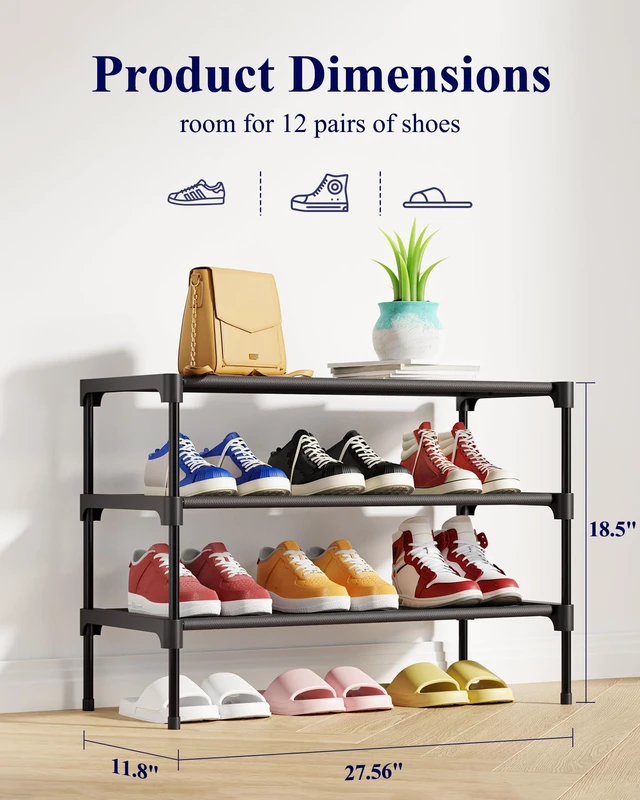 Alt view image 3 of 7 - Kitsure Shoe Rack - Non-Woven Shoe Rack Shelf, 27.5" Wide - 3 Tier, Black