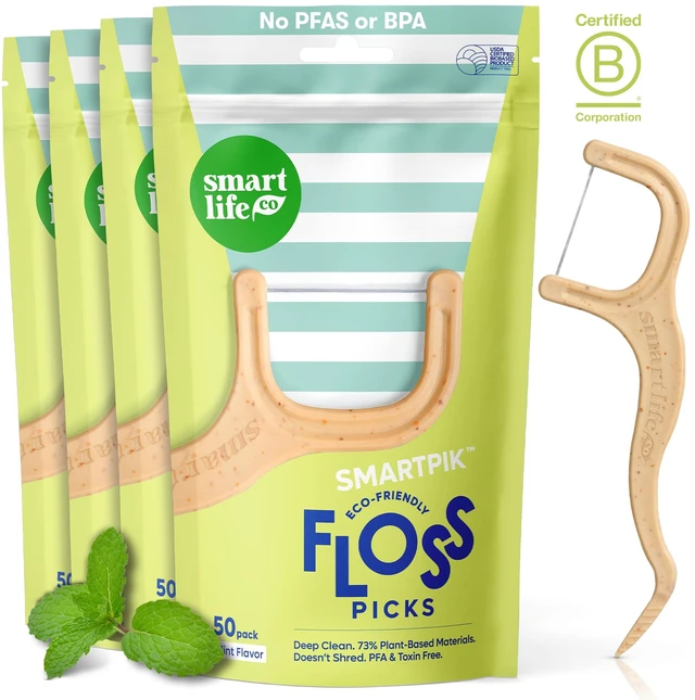 Main image of SmartLifeco Eco-Friendly Dental Floss Picks (200ct) - Flossers Made with Straw Wheat Blend, Superior Anti-Shred Thread for Tight Gaps, Tooth Pick Stick for Adults, Soft on Gum & Teeth, Vegan, Mint