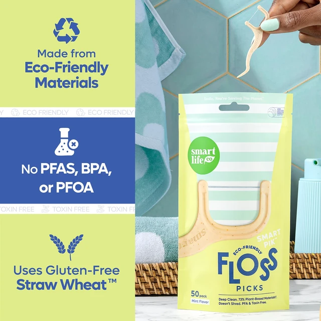 Alt view image 3 of 7 - SmartLifeco Eco-Friendly Dental Floss Picks (200ct) - Flossers Made with Straw Wheat Blend, Superior Anti-Shred Thread for Tight Gaps, Tooth Pick Stick for Adults, Soft on Gum & Teeth, Vegan, Mint