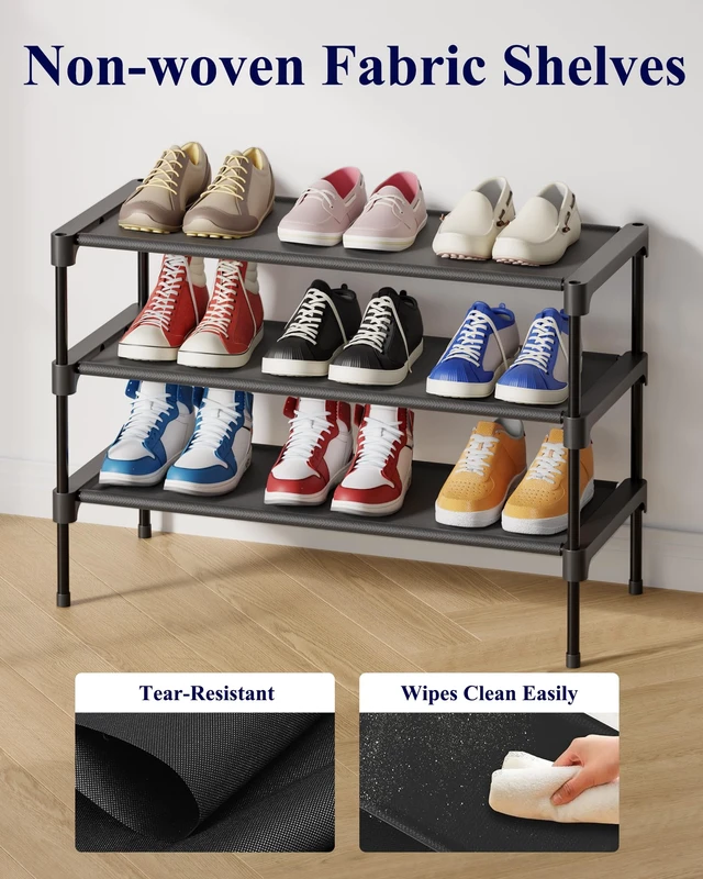 Alt view image 5 of 7 - Kitsure Shoe Rack - Non-Woven Shoe Rack Shelf, 27.5" Wide - 3 Tier, Black