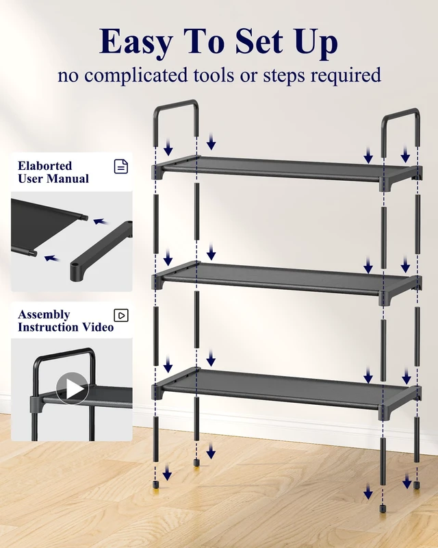 Alt view image 6 of 7 - Kitsure Shoe Rack for Closet, Shoe Storage, 27.6" Wide - 3 Tiers, Black