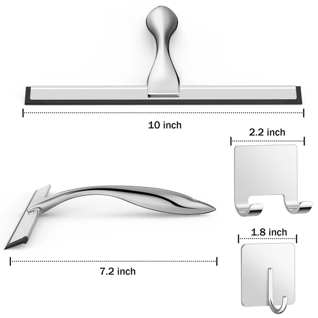 Alt view image 2 of 7 - All-Purpose Stainless Steel Shower Squeegee for Shower Glass Door with 2 Adhesive Hooks, Bathroom Cleaner Tool Household Window Mirror Squeegee , Cleaning Tile Wall, Car, 10 Inch Silver