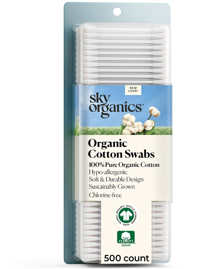Main image of Sky Organics Organic Cotton Swabs 500 Ct, 100% Pure, Natural, Chlorine-Free
