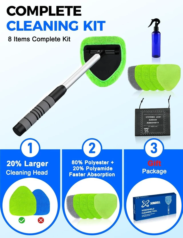 Alt view image 2 of 7 - XINDELL Interior Windshield Cleaner Tool Car Interior Window Cleaning Kit with Extendable Handle & 4 Microfiber Pads, Auto Wiper Inside Compact Windshield Brush for Car & Home Windows