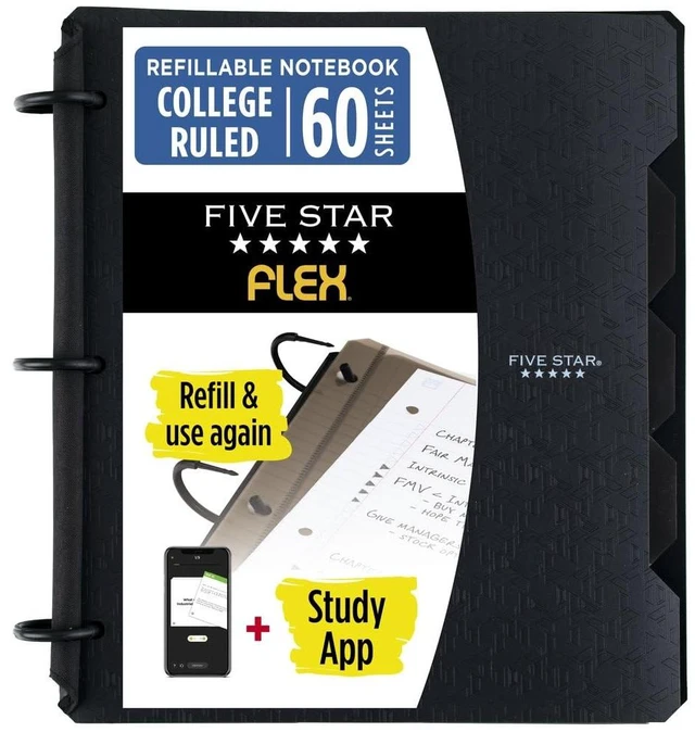 Main image of Five Star Flex Refillable Notebook + Study App, College Ruled Paper and 1 Inch TechLock Ring Binder with Pockets, Tabs and Dividers, 200 Sheet Capacity, Black (29328AA2)