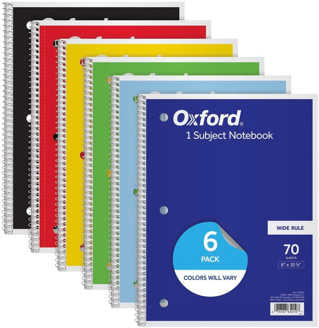 Main image of Oxford Spiral Notebook, 6 Pack, 1 Subject, Wide Ruled Paper, Notebooks for School, 8 x 10.5 Inches, 70 Sheets, Assorted Colors, Back to School Supplies (65010)