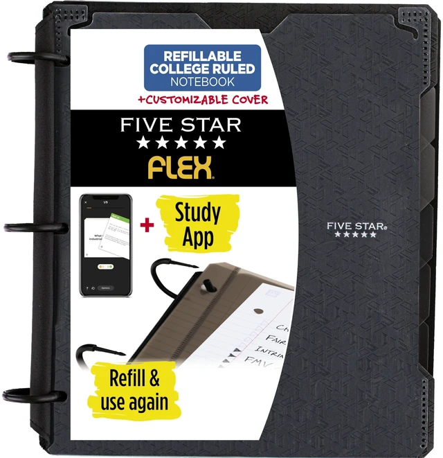 Main image of Five Star Flex Refillable Notebook + Study App, College Ruled Paper and 1 Inch TechLock Ring Binder with Customizable Cover, Pockets, Tabs and Dividers, 200 Sheet Capacity, Black (29326AA2)