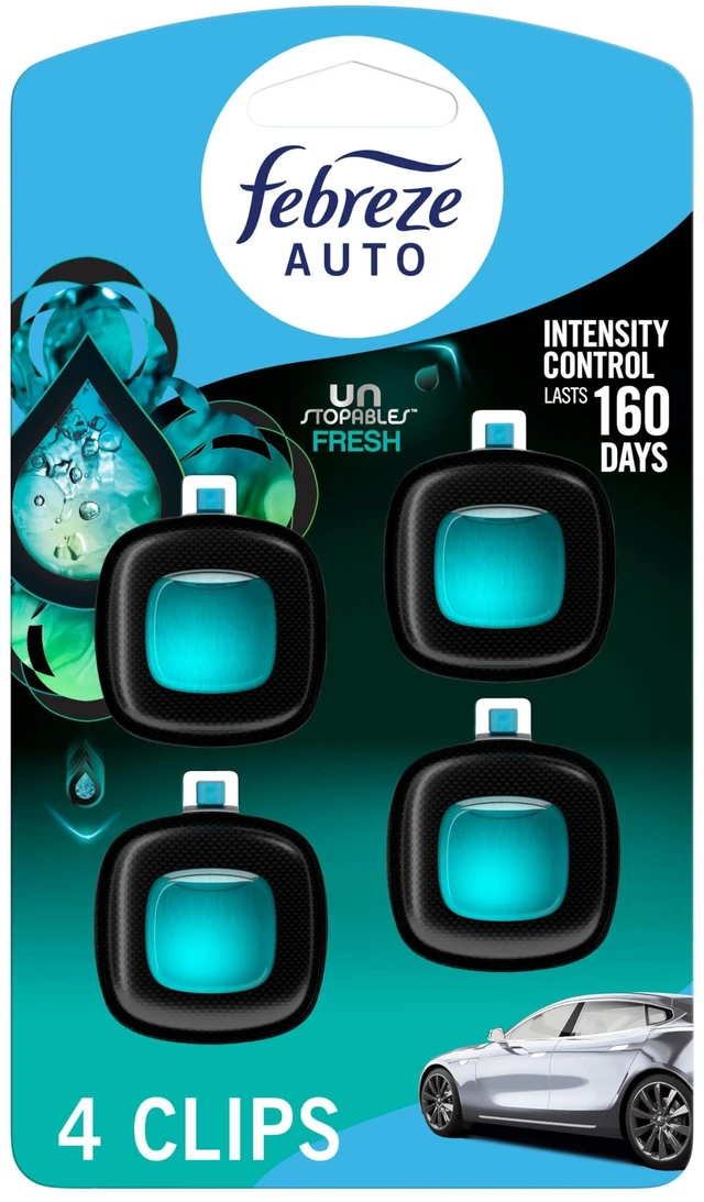 Main image of Febreze Unstopables Fresh Scent Car Vent Clip Air Freshener, Odor-Fighting, Long Lasting, 0.07 fl oz, 4 Count