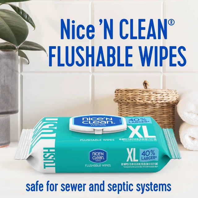 Alt view image 2 of 6 - Nice 'N CLEAN Extra Large Flushable Wipes, 6.8" x 7.5" Unscented XL Adult Wet Wipes, 180 Count, Septic Safe, Hypoallergenic, Plant Based
