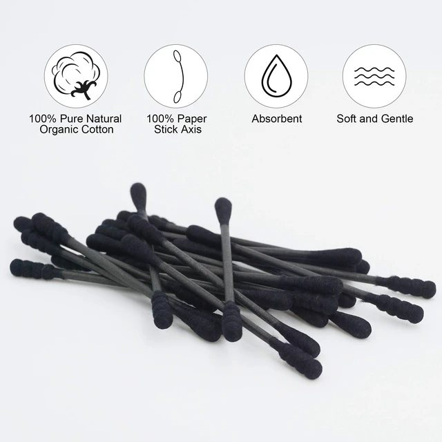 Alt view image 5 of 7 - Black Cotton Swabs Spiral - 400 Count Organic Cotton Buds Double Side Tightly Wrapped Charcoal Cotton Tips Paper Stick Soft Gentle Cruelty-Free Lint-Free Goth Bathroom, Round & Spiral (Black)