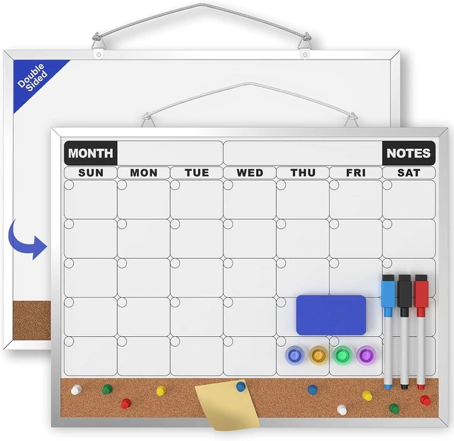 Main image of Monthly Calendar Dry Erase Board 16x12 Inch, Double-Sided Whiteboard and Corkboard Combo, Wall Mounted Planner Organizer with Markers, Magnets, Push Pins, Eraser, for Home Office School