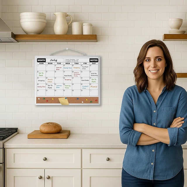 Alt view image 4 of 7 - Monthly Calendar Dry Erase Board 16x12 Inch, Double-Sided Whiteboard and Corkboard Combo, Wall Mounted Planner Organizer with Markers, Magnets, Push Pins, Eraser, for Home Office School