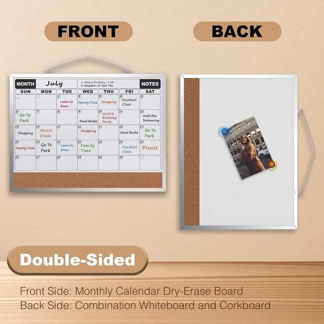Alt view image 5 of 7 - Monthly Calendar Dry Erase Board 16x12 Inch, Double-Sided Whiteboard and Corkboard Combo, Wall Mounted Planner Organizer with Markers, Magnets, Push Pins, Eraser, for Home Office School