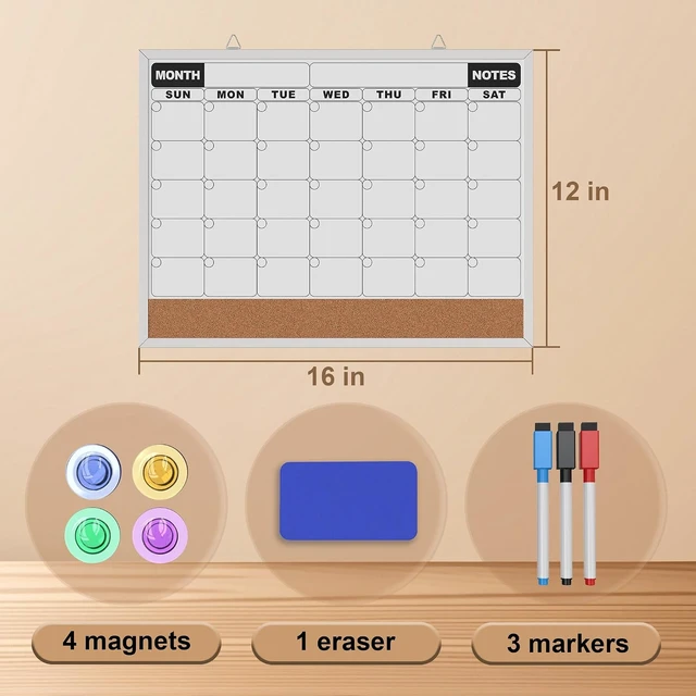 Alt view image 7 of 7 - Monthly Calendar Dry Erase Board 16x12 Inch, Double-Sided Whiteboard and Corkboard Combo, Wall Mounted Planner Organizer with Markers, Magnets, Push Pins, Eraser, for Home Office School