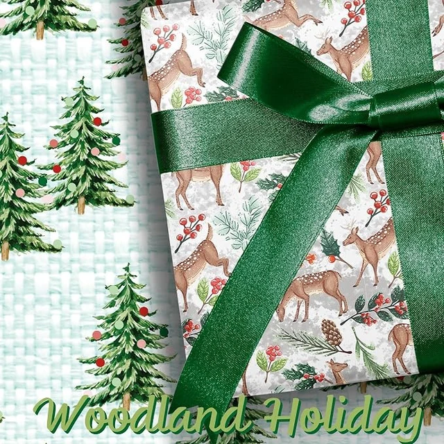 Alt view image 2 of 6 - BIOBROWN Christmas Wrapping Paper Doe Floral and Tree Design Gift Wrap
