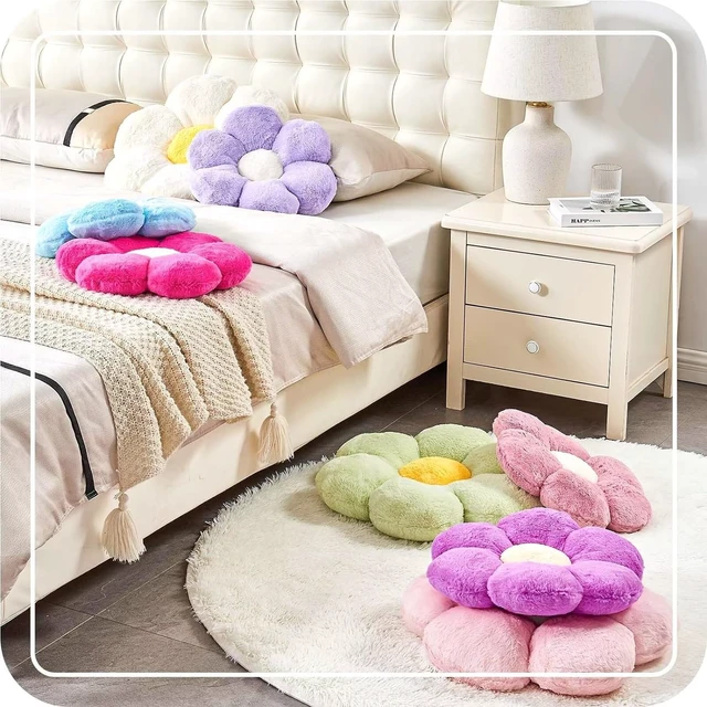 Alt view image 4 of 6 - Kcvvcr Pink Flower Pillow, Cute Decorative Flower Shaped Throw Pillow with Faux Rabbit Fur, 14.9" Soft Flower Plush Throw Pillow Floor Pillows Room Décor for Bedroom Living Room