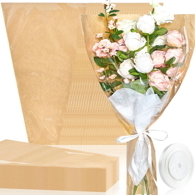 Main image of Jutieuo 50 Pcs Flower Bags for Bouquet, Flower Wrapping Kraft Paper Floral Sleeve Bouquet Bags with Ribbons for Florist Supplies Wedding Birthday Mother's Day, 14x22 Inches